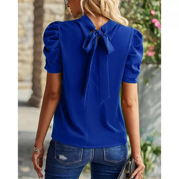 BTFBM Womens Summer Boho Shirt Top Ruffle Short Sleeve Frill Trim Mock Neck Floral Solid 2024 Casual Blouses Shirts TopsSolid Blue
