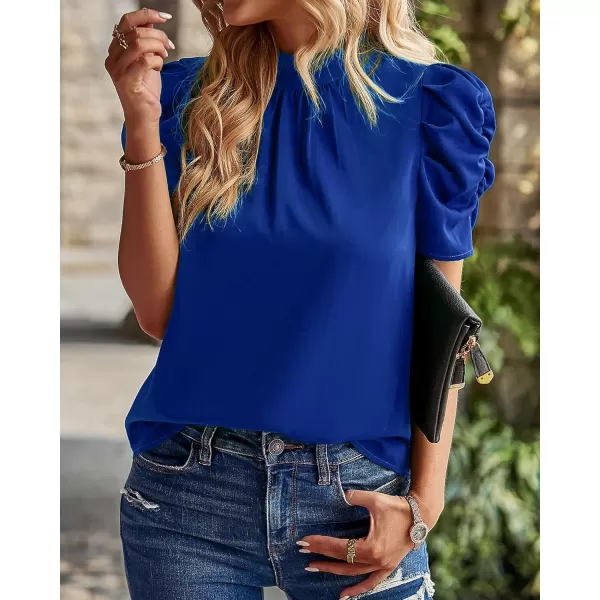BTFBM Womens Summer Boho Shirt Top Ruffle Short Sleeve Frill Trim Mock Neck Floral Solid 2024 Casual Blouses Shirts TopsSolid Blue