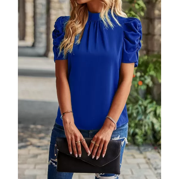 BTFBM Womens Summer Boho Shirt Top Ruffle Short Sleeve Frill Trim Mock Neck Floral Solid 2024 Casual Blouses Shirts TopsSolid Blue