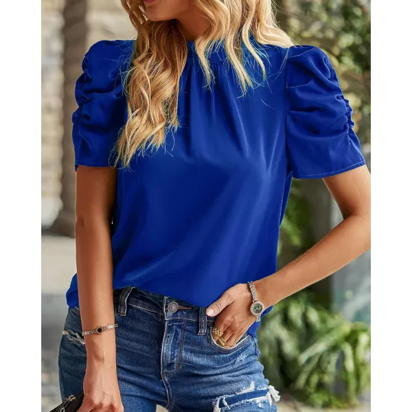BTFBM Womens Summer Boho Shirt Top Ruffle Short Sleeve Frill Trim Mock Neck Floral Solid 2024 Casual Blouses Shirts TopsSolid Blue
