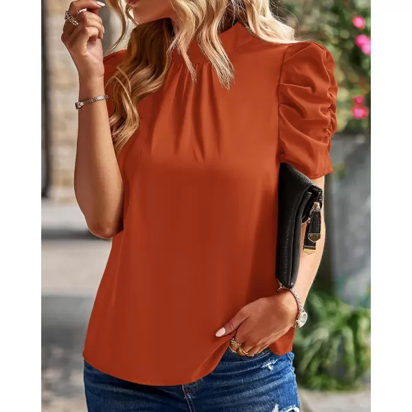 BTFBM Womens Summer Boho Shirt Top Ruffle Short Sleeve Frill Trim Mock Neck Floral Solid 2024 Casual Blouses Shirts TopsSolid Brick Red