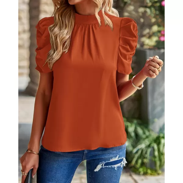 BTFBM Womens Summer Boho Shirt Top Ruffle Short Sleeve Frill Trim Mock Neck Floral Solid 2024 Casual Blouses Shirts TopsSolid Brick Red