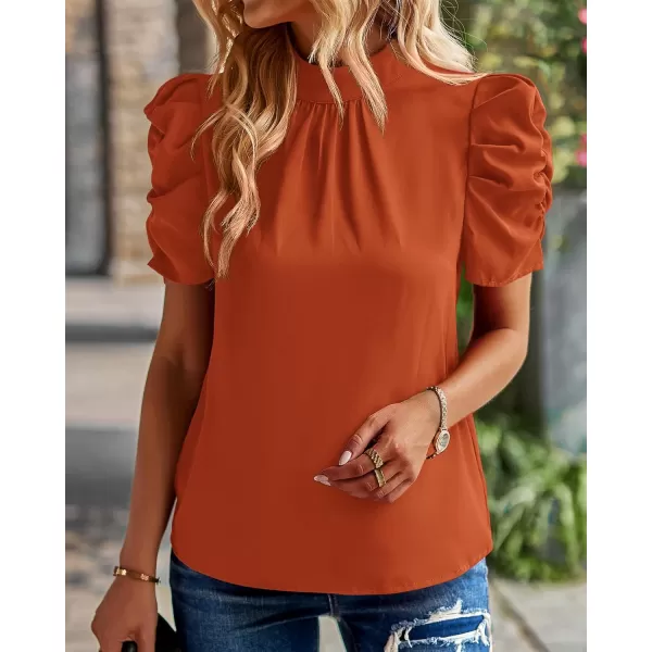 BTFBM Womens Summer Boho Shirt Top Ruffle Short Sleeve Frill Trim Mock Neck Floral Solid 2024 Casual Blouses Shirts TopsSolid Brick Red