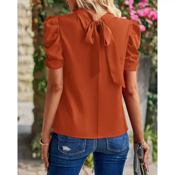 BTFBM Womens Summer Boho Shirt Top Ruffle Short Sleeve Frill Trim Mock Neck Floral Solid 2024 Casual Blouses Shirts TopsSolid Brick Red