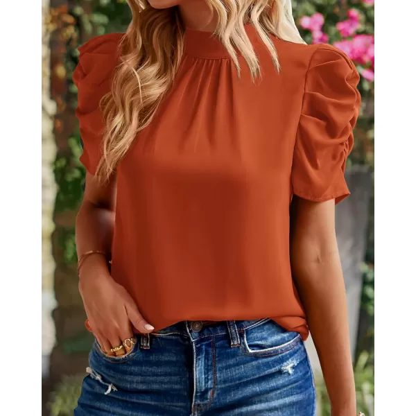 BTFBM Womens Summer Boho Shirt Top Ruffle Short Sleeve Frill Trim Mock Neck Floral Solid 2024 Casual Blouses Shirts TopsSolid Brick Red