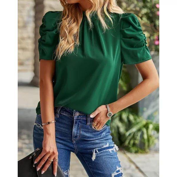 BTFBM Womens Summer Boho Shirt Top Ruffle Short Sleeve Frill Trim Mock Neck Floral Solid 2024 Casual Blouses Shirts TopsSolid Dark Green
