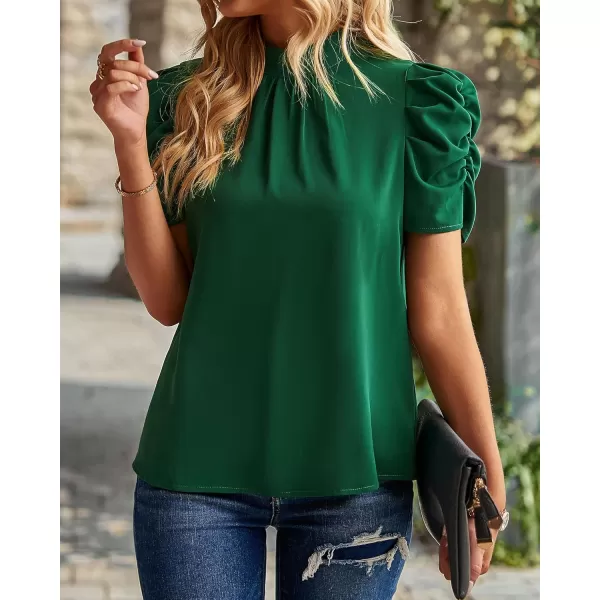 BTFBM Womens Summer Boho Shirt Top Ruffle Short Sleeve Frill Trim Mock Neck Floral Solid 2024 Casual Blouses Shirts TopsSolid Dark Green