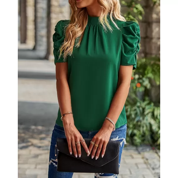 BTFBM Womens Summer Boho Shirt Top Ruffle Short Sleeve Frill Trim Mock Neck Floral Solid 2024 Casual Blouses Shirts TopsSolid Dark Green