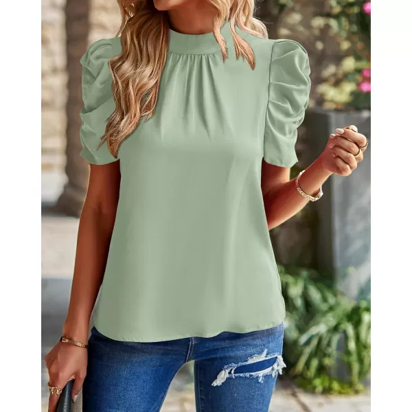 BTFBM Womens Summer Boho Shirt Top Ruffle Short Sleeve Frill Trim Mock Neck Floral Solid 2024 Casual Blouses Shirts TopsSolid Light Green