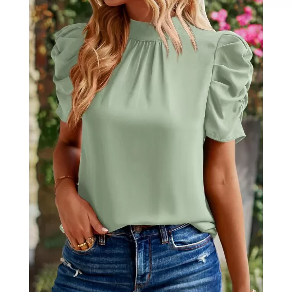 BTFBM Womens Summer Boho Shirt Top Ruffle Short Sleeve Frill Trim Mock Neck Floral Solid 2024 Casual Blouses Shirts TopsSolid Light Green