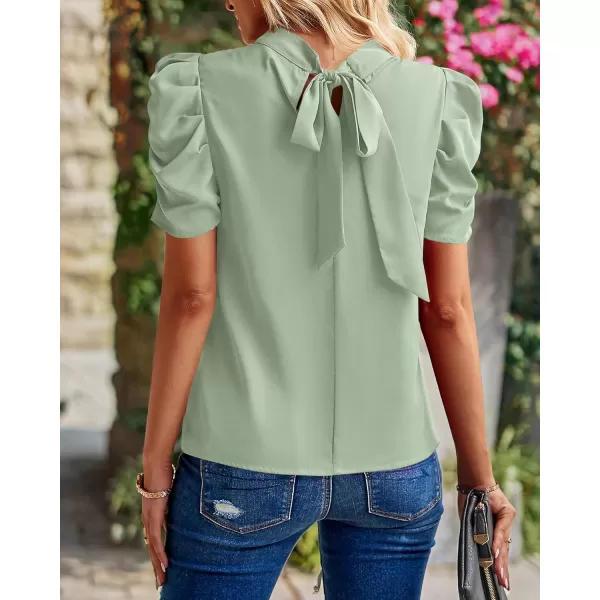 BTFBM Womens Summer Boho Shirt Top Ruffle Short Sleeve Frill Trim Mock Neck Floral Solid 2024 Casual Blouses Shirts TopsSolid Light Green