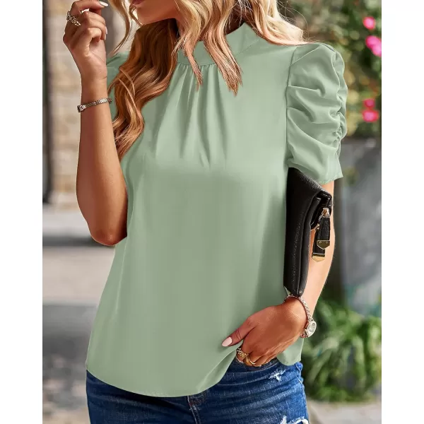 BTFBM Womens Summer Boho Shirt Top Ruffle Short Sleeve Frill Trim Mock Neck Floral Solid 2024 Casual Blouses Shirts TopsSolid Light Green