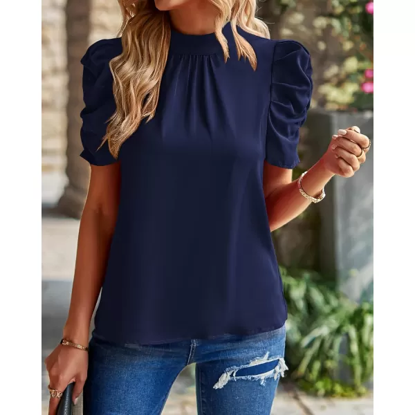 BTFBM Womens Summer Boho Shirt Top Ruffle Short Sleeve Frill Trim Mock Neck Floral Solid 2024 Casual Blouses Shirts TopsSolid Navy
