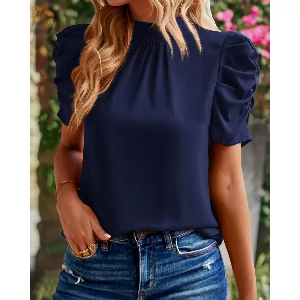 BTFBM Womens Summer Boho Shirt Top Ruffle Short Sleeve Frill Trim Mock Neck Floral Solid 2024 Casual Blouses Shirts TopsSolid Navy
