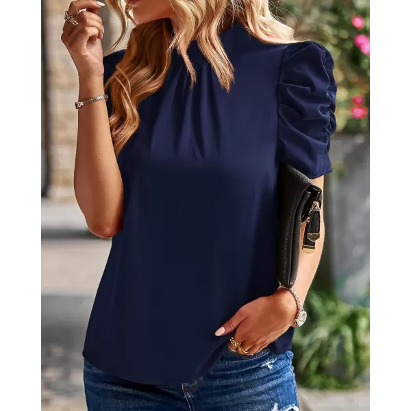 BTFBM Womens Summer Boho Shirt Top Ruffle Short Sleeve Frill Trim Mock Neck Floral Solid 2024 Casual Blouses Shirts TopsSolid Navy