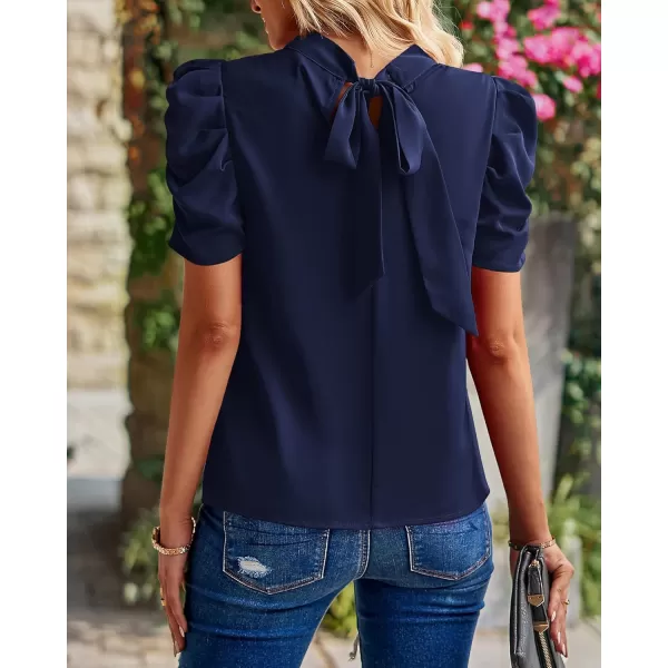 BTFBM Womens Summer Boho Shirt Top Ruffle Short Sleeve Frill Trim Mock Neck Floral Solid 2024 Casual Blouses Shirts TopsSolid Navy