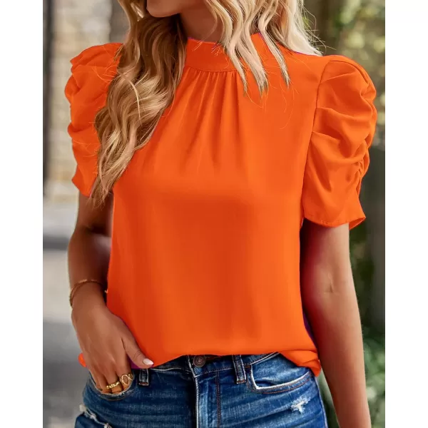 BTFBM Womens Summer Boho Shirt Top Ruffle Short Sleeve Frill Trim Mock Neck Floral Solid 2024 Casual Blouses Shirts TopsSolid Orange