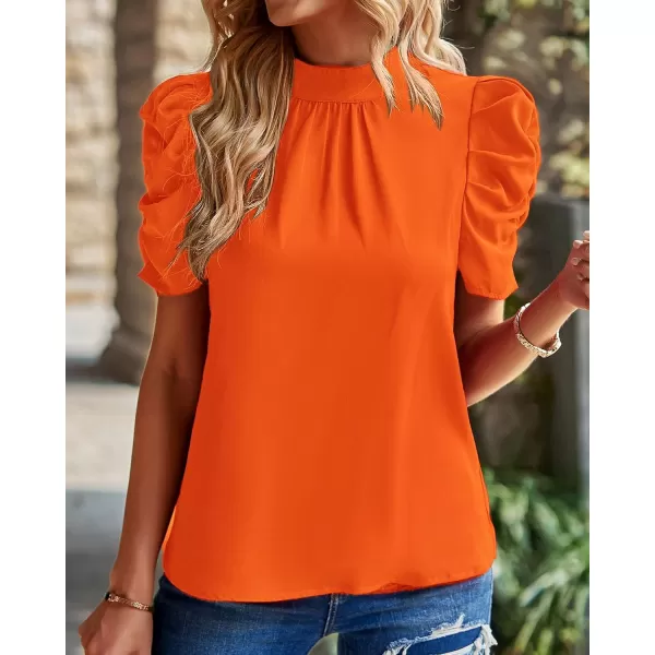 BTFBM Womens Summer Boho Shirt Top Ruffle Short Sleeve Frill Trim Mock Neck Floral Solid 2024 Casual Blouses Shirts TopsSolid Orange