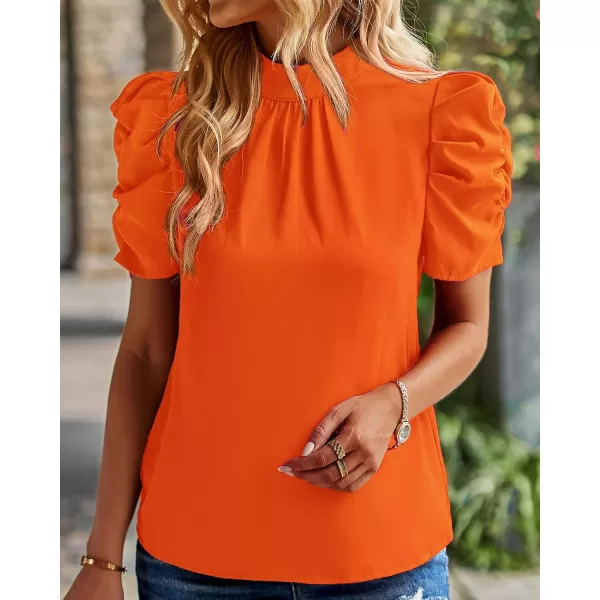 BTFBM Womens Summer Boho Shirt Top Ruffle Short Sleeve Frill Trim Mock Neck Floral Solid 2024 Casual Blouses Shirts TopsSolid Orange