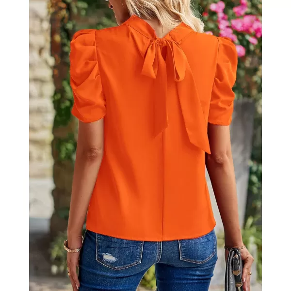 BTFBM Womens Summer Boho Shirt Top Ruffle Short Sleeve Frill Trim Mock Neck Floral Solid 2024 Casual Blouses Shirts TopsSolid Orange