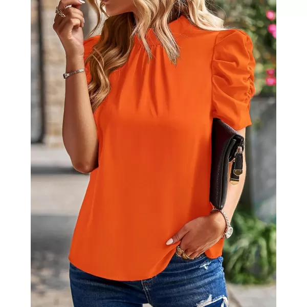 BTFBM Womens Summer Boho Shirt Top Ruffle Short Sleeve Frill Trim Mock Neck Floral Solid 2024 Casual Blouses Shirts TopsSolid Orange