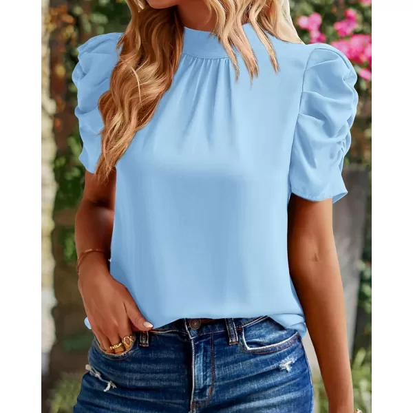 BTFBM Womens Summer Boho Shirt Top Ruffle Short Sleeve Frill Trim Mock Neck Floral Solid 2024 Casual Blouses Shirts TopsSolid Sky Blue