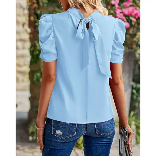 BTFBM Womens Summer Boho Shirt Top Ruffle Short Sleeve Frill Trim Mock Neck Floral Solid 2024 Casual Blouses Shirts TopsSolid Sky Blue