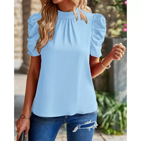 BTFBM Womens Summer Boho Shirt Top Ruffle Short Sleeve Frill Trim Mock Neck Floral Solid 2024 Casual Blouses Shirts TopsSolid Sky Blue