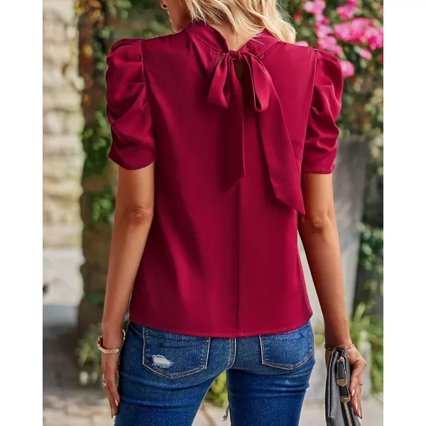 BTFBM Womens Summer Boho Shirt Top Ruffle Short Sleeve Frill Trim Mock Neck Floral Solid 2024 Casual Blouses Shirts TopsSolid Wine Red
