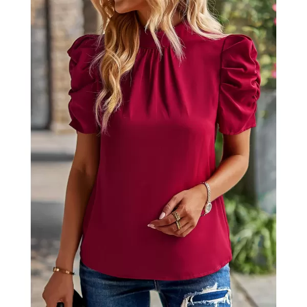 BTFBM Womens Summer Boho Shirt Top Ruffle Short Sleeve Frill Trim Mock Neck Floral Solid 2024 Casual Blouses Shirts TopsSolid Wine Red