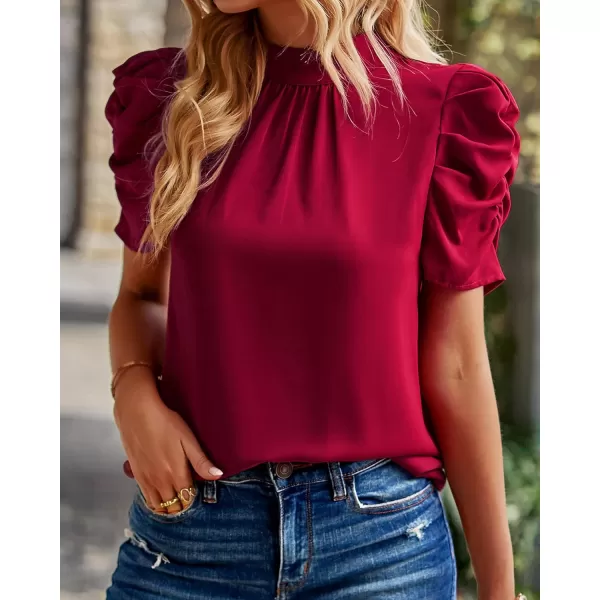 BTFBM Womens Summer Boho Shirt Top Ruffle Short Sleeve Frill Trim Mock Neck Floral Solid 2024 Casual Blouses Shirts TopsSolid Wine Red