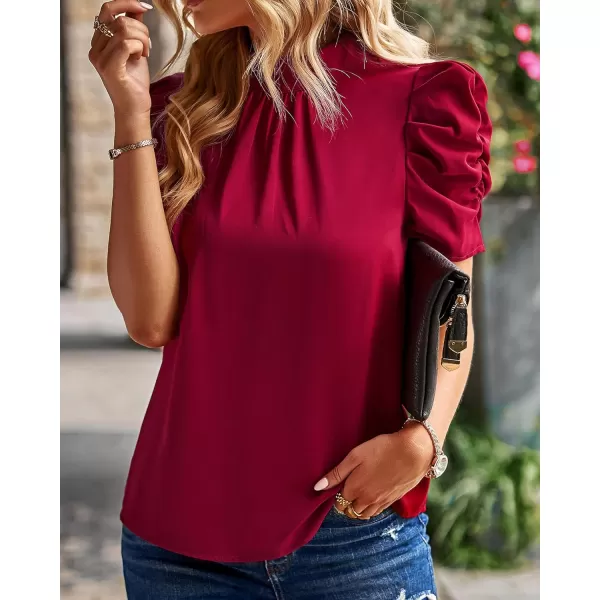 BTFBM Womens Summer Boho Shirt Top Ruffle Short Sleeve Frill Trim Mock Neck Floral Solid 2024 Casual Blouses Shirts TopsSolid Wine Red