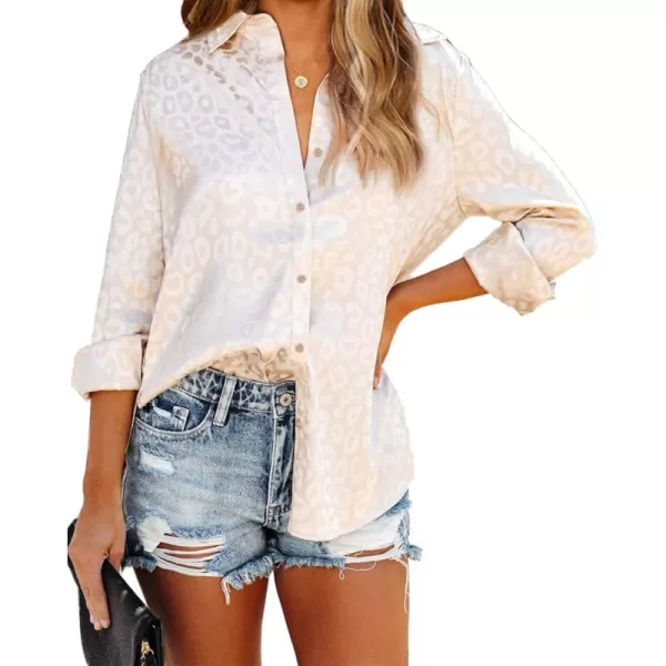 BTFBM Button Down Satin Blouses for Women Dressy Casual Lapel V Neck Long Sleeve Shirts Loose Business Work Tops 2024Leopard Apricot