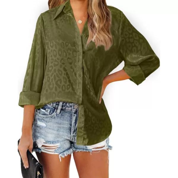 BTFBM Button Down Satin Blouses for Women Dressy Casual Lapel V Neck Long Sleeve Shirts Loose Business Work Tops 2024Leopard Army Green