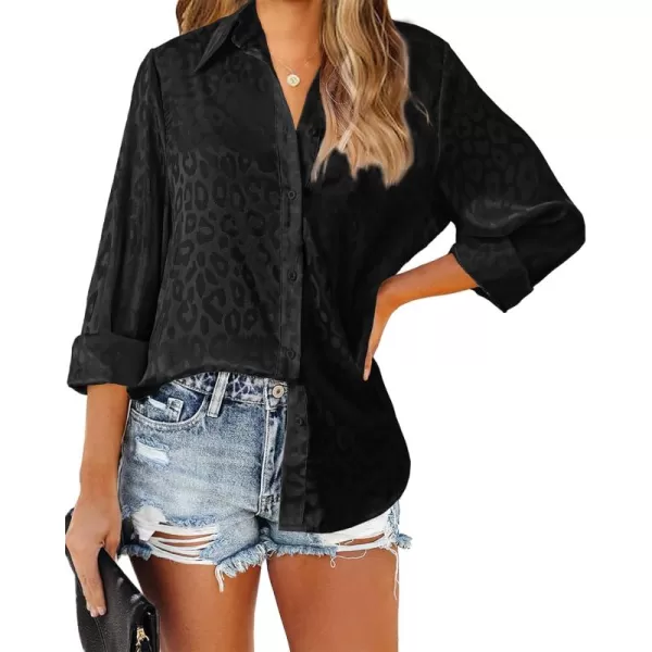 BTFBM Button Down Satin Blouses for Women Dressy Casual Lapel V Neck Long Sleeve Shirts Loose Business Work Tops 2024Leopard Black