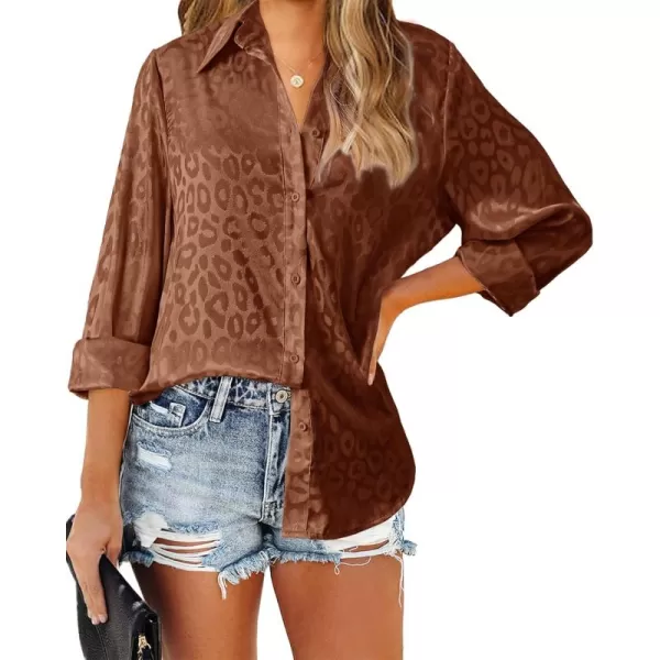 BTFBM Button Down Satin Blouses for Women Dressy Casual Lapel V Neck Long Sleeve Shirts Loose Business Work Tops 2024Leopard Caramel