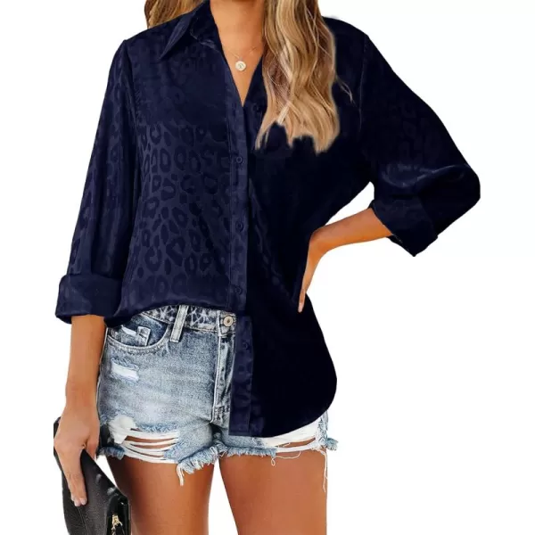 BTFBM Button Down Satin Blouses for Women Dressy Casual Lapel V Neck Long Sleeve Shirts Loose Business Work Tops 2024Leopard Navy