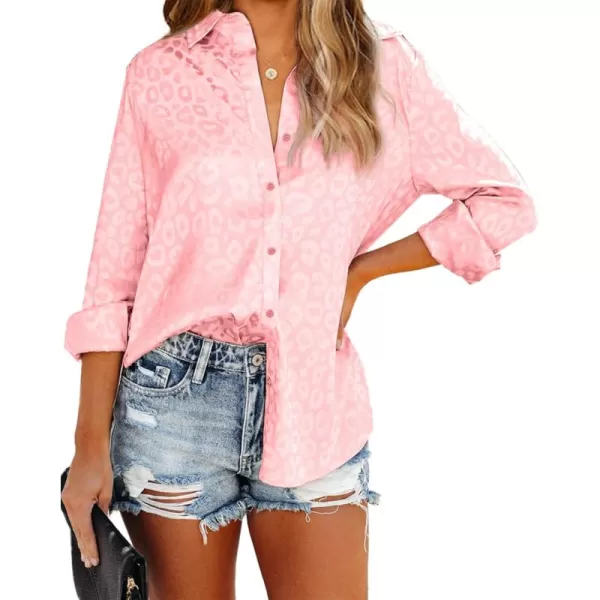 BTFBM Button Down Satin Blouses for Women Dressy Casual Lapel V Neck Long Sleeve Shirts Loose Business Work Tops 2024Leopard Pink