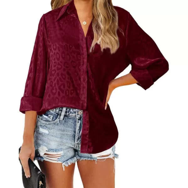 BTFBM Button Down Satin Blouses for Women Dressy Casual Lapel V Neck Long Sleeve Shirts Loose Business Work Tops 2024Leopard Wine Red