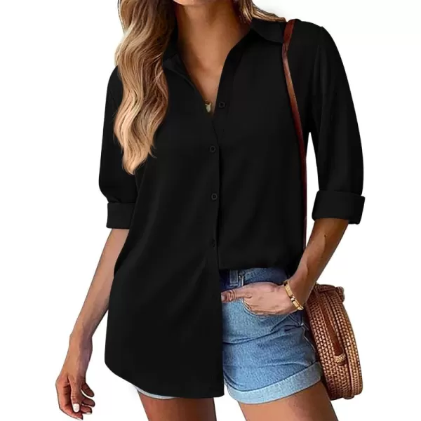 BTFBM Button Down Satin Blouses for Women Dressy Casual Lapel V Neck Long Sleeve Shirts Loose Business Work Tops 2024Solid Black