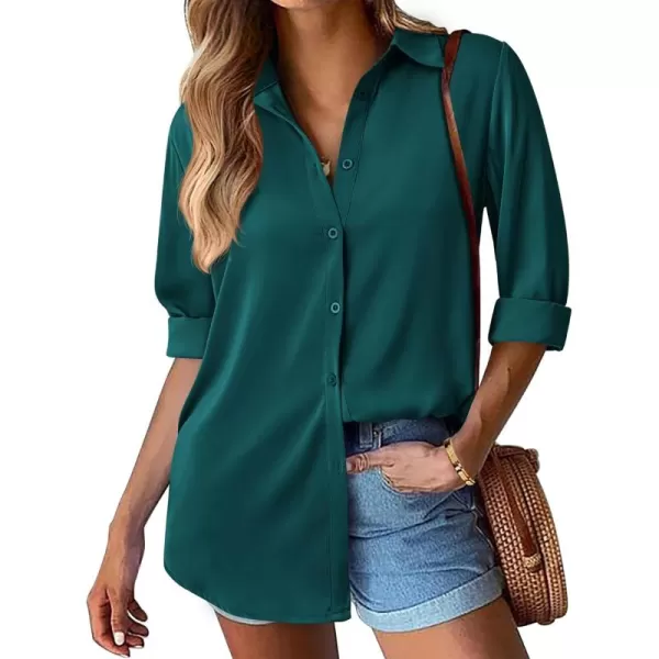 BTFBM Button Down Satin Blouses for Women Dressy Casual Lapel V Neck Long Sleeve Shirts Loose Business Work Tops 2024Solid Dark Green