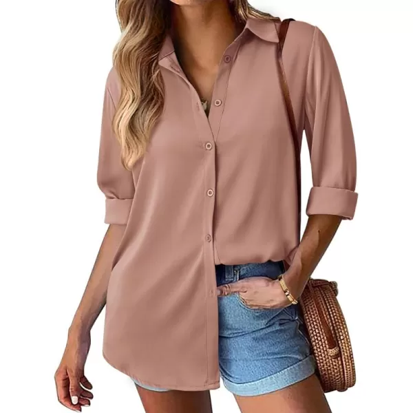 BTFBM Button Down Satin Blouses for Women Dressy Casual Lapel V Neck Long Sleeve Shirts Loose Business Work Tops 2024Solid Khaki