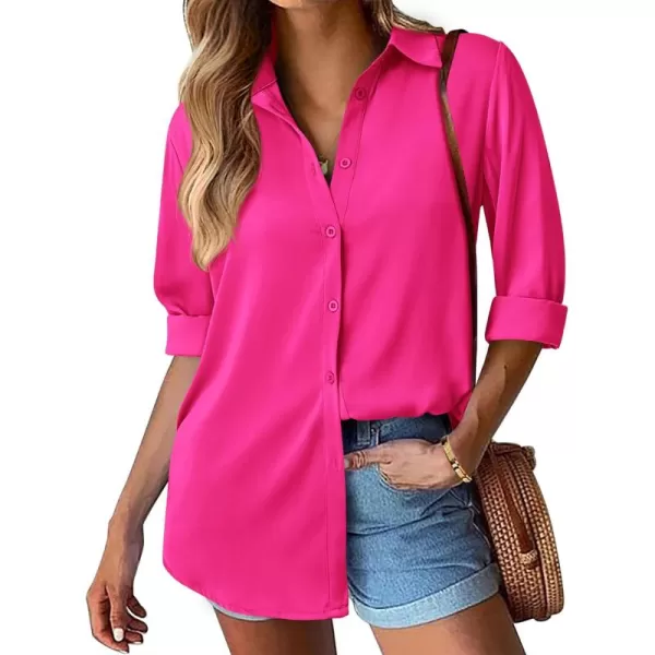 BTFBM Button Down Satin Blouses for Women Dressy Casual Lapel V Neck Long Sleeve Shirts Loose Business Work Tops 2024Solid Rose Red