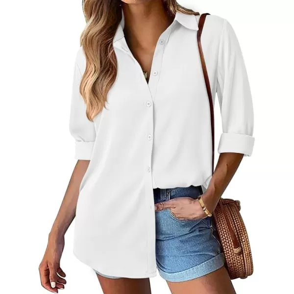 BTFBM Button Down Satin Blouses for Women Dressy Casual Lapel V Neck Long Sleeve Shirts Loose Business Work Tops 2024Solid White