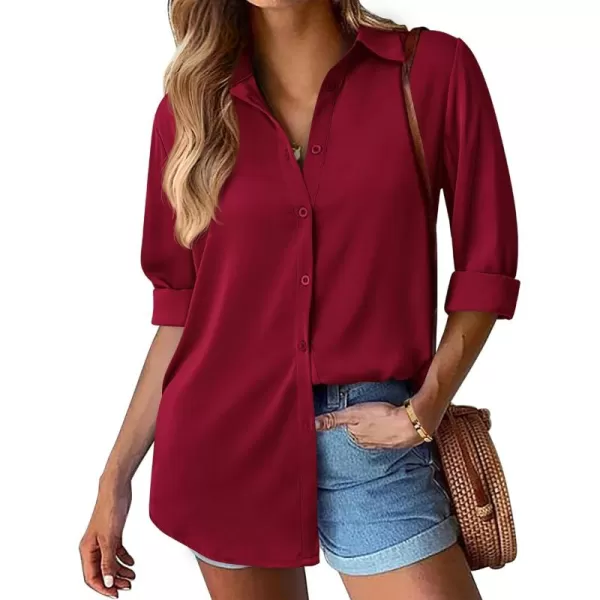 BTFBM Button Down Satin Blouses for Women Dressy Casual Lapel V Neck Long Sleeve Shirts Loose Business Work Tops 2024Solid Wine Red