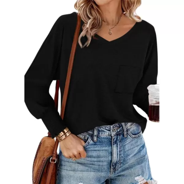 BTFBM Long Sleeve Shirts for Women Dressy Casual Loose V Neck Smocked Puff Sleeve Tops Blouses Fall Clothes 2024Black