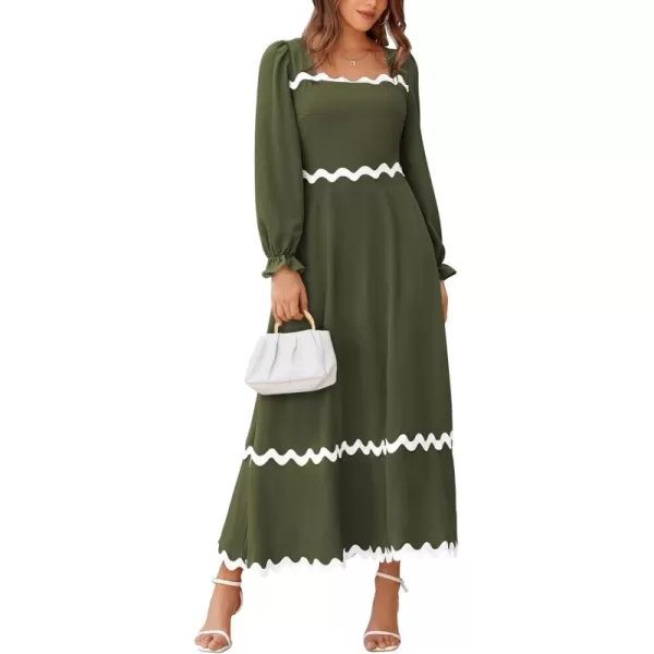 BTFBM RIC Rac Dress Women Maxi Dress Square Neck Long Sleeve Smocked Tie Back ALine Flowy Fall Wedding Guest DressesSolid Army Green