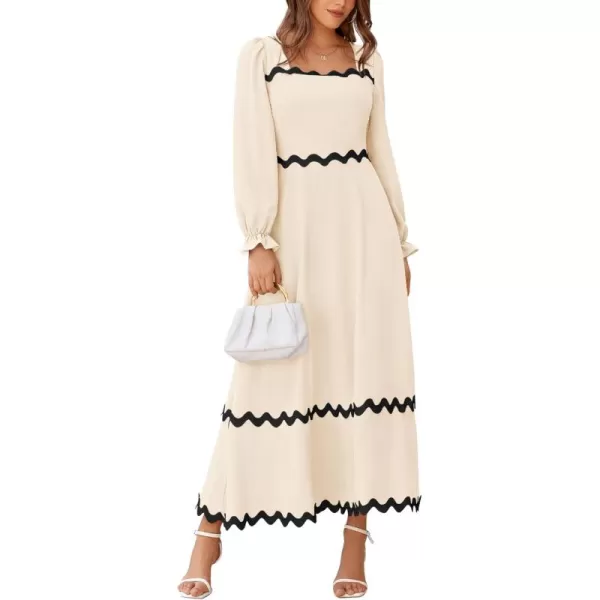 BTFBM RIC Rac Dress Women Maxi Dress Square Neck Long Sleeve Smocked Tie Back ALine Flowy Fall Wedding Guest DressesSolid Beige