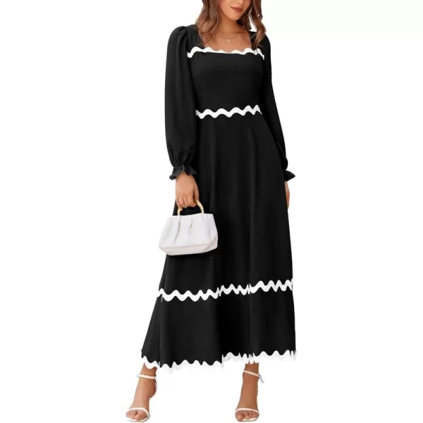 BTFBM RIC Rac Dress Women Maxi Dress Square Neck Long Sleeve Smocked Tie Back ALine Flowy Fall Wedding Guest DressesSolid Black
