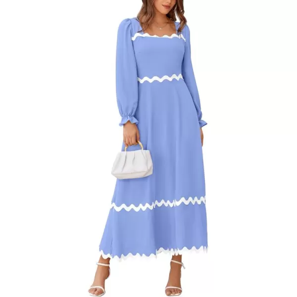 BTFBM RIC Rac Dress Women Maxi Dress Square Neck Long Sleeve Smocked Tie Back ALine Flowy Fall Wedding Guest DressesSolid Blue